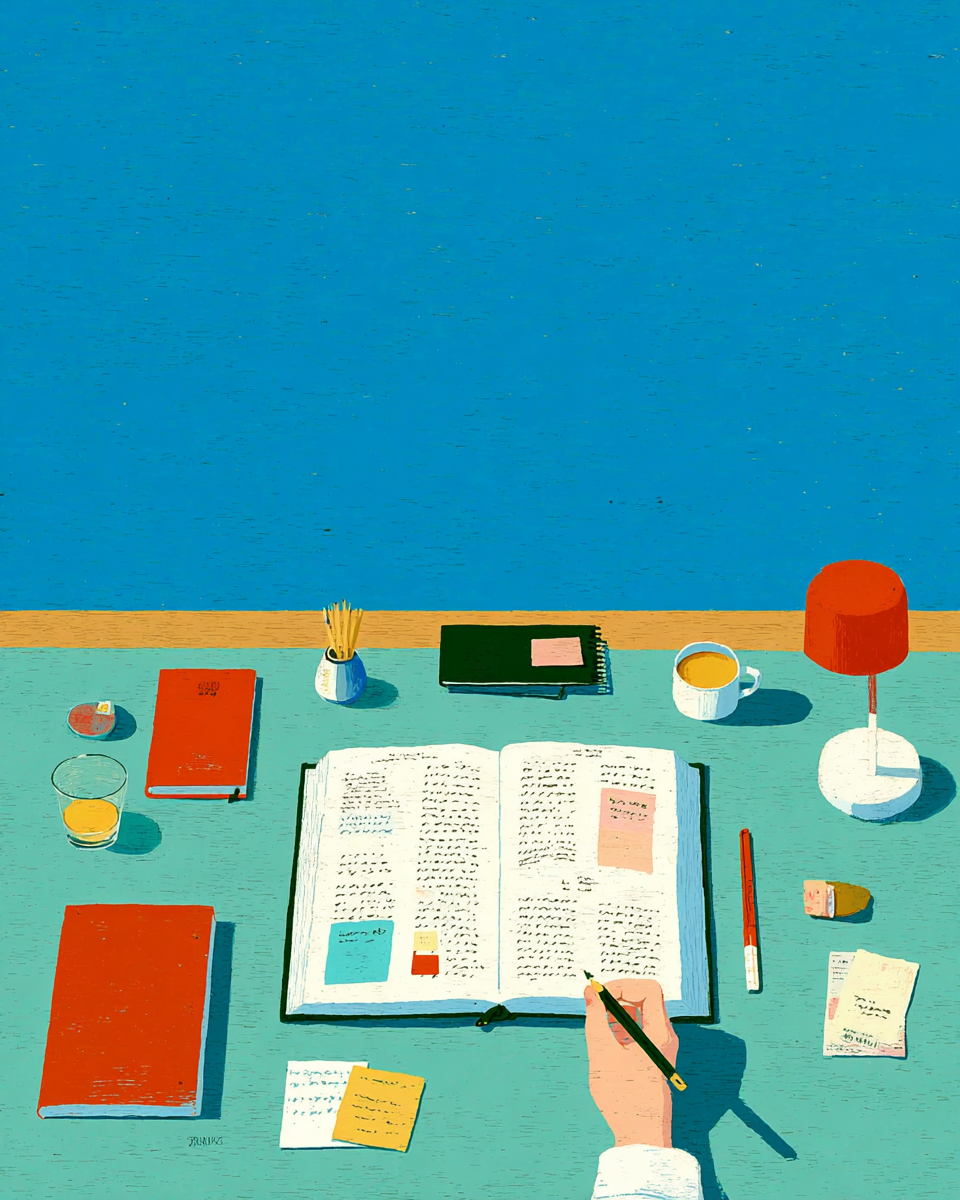 聖書とノートを調べる手元の挿絵